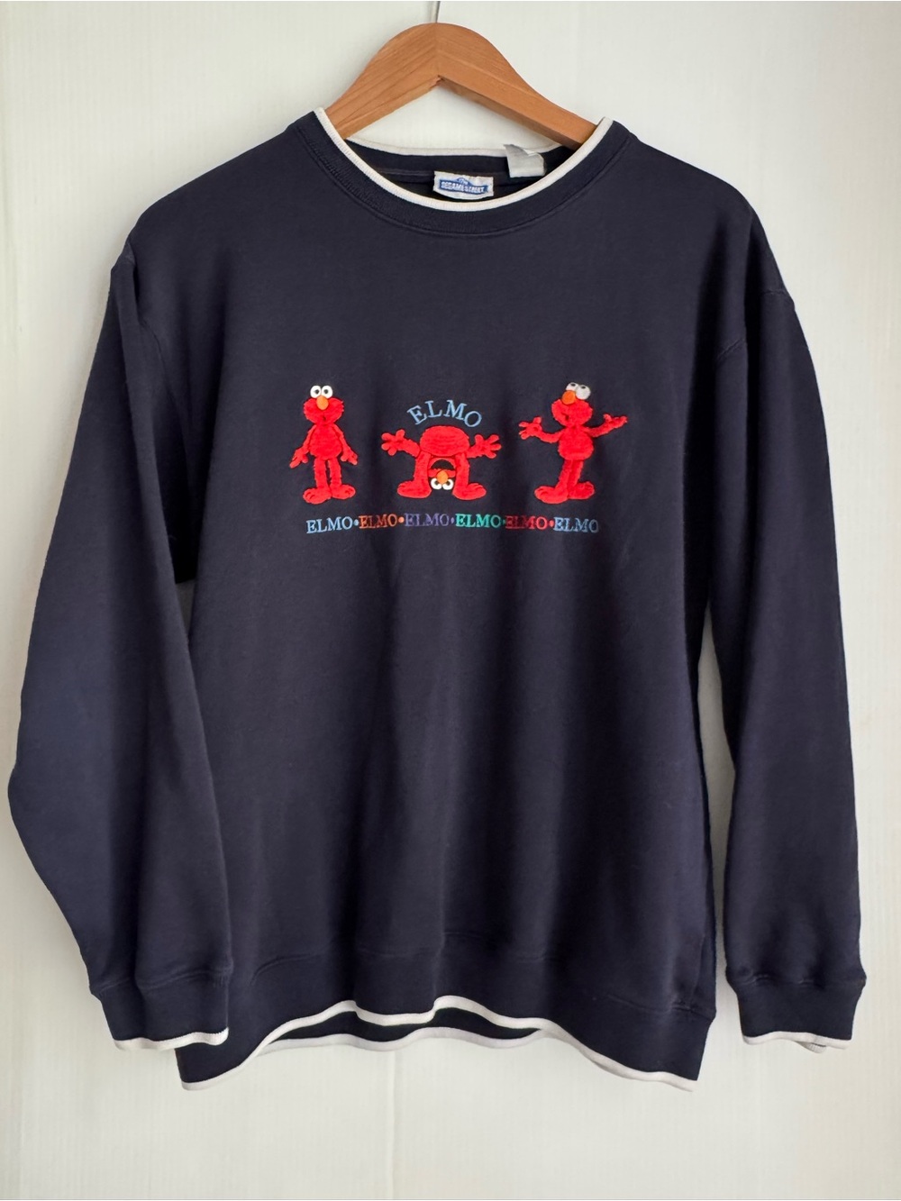 Vintage Sesame Street Navy Unisex Crewneck Sweater with Red Elmo Embroidery